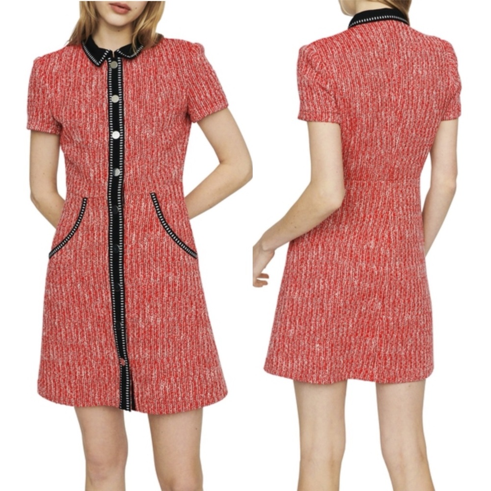 Maje Renati Tweed Red/Black Mini Dress Size 36 Small - Picture 3 of 9